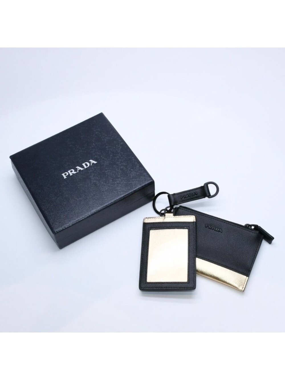 Prada Logo Coin Purse Card Curse Saffano Leather Black Gold
